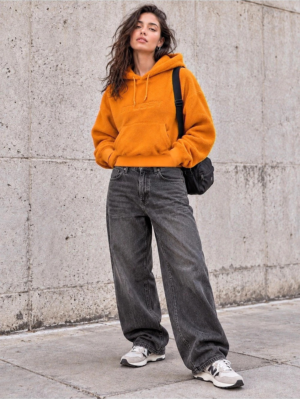 Stüssy Orange Teddy Cropped Fleece Pullover Hoodie